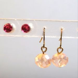 2 Pairs Pretty In Pink Pierced Earrings Lot 1 Each Hot Pink Studs & Pink Drops